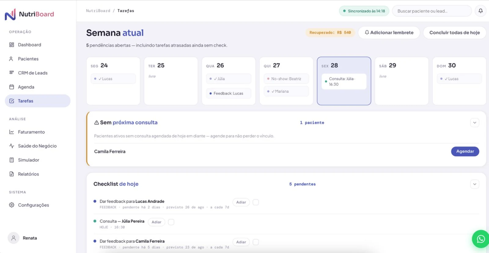 Tela de tarefas da NutriBoard com a semana atual, pendências e pacientes sem próxima consulta
