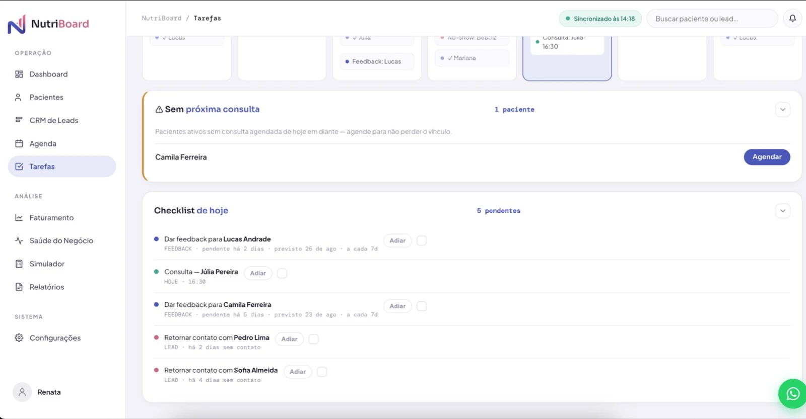 Checklist de tarefas da NutriBoard com feedbacks pendentes e contatos de leads a retomar